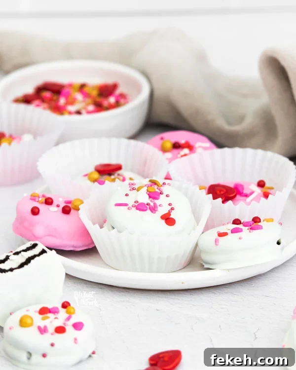 Valentine's Chocolate Covered Oreos in white paper wrappers on a white plate