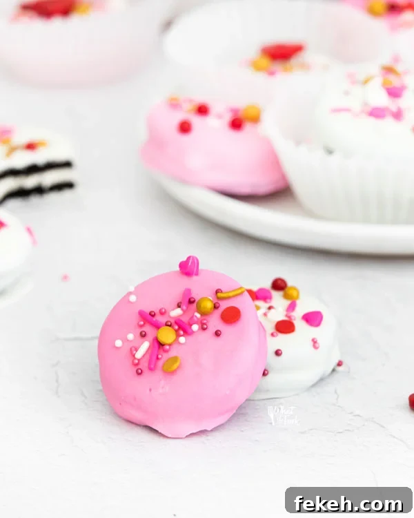pink and white Valentine's Chocolate Covered Oreos stack on each other on a white surface with more cookies in the background