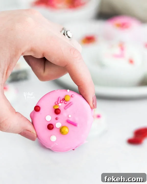 a hand holding a pink chocolate covered Oreo