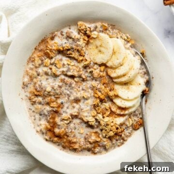 Creamy, healthy, and dairy-free cinnamon overnight oats.