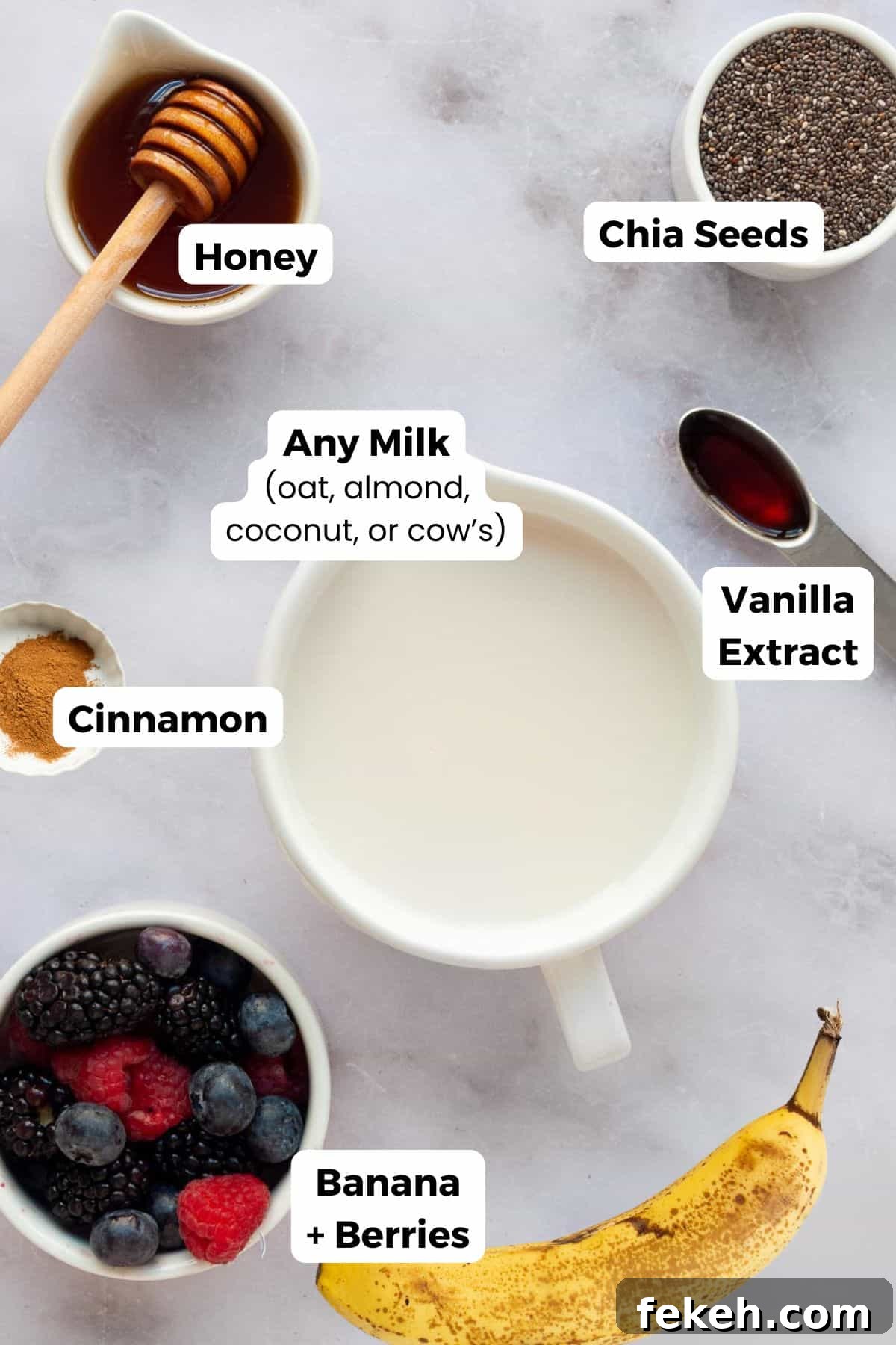 Creamy Banana Chia Pudding with Vanilla and Maple 3 All ingredients in banana chia seed pudding including: chia seeds, milk, vanilla extract, cinnamon, honey, banana, and berries.
