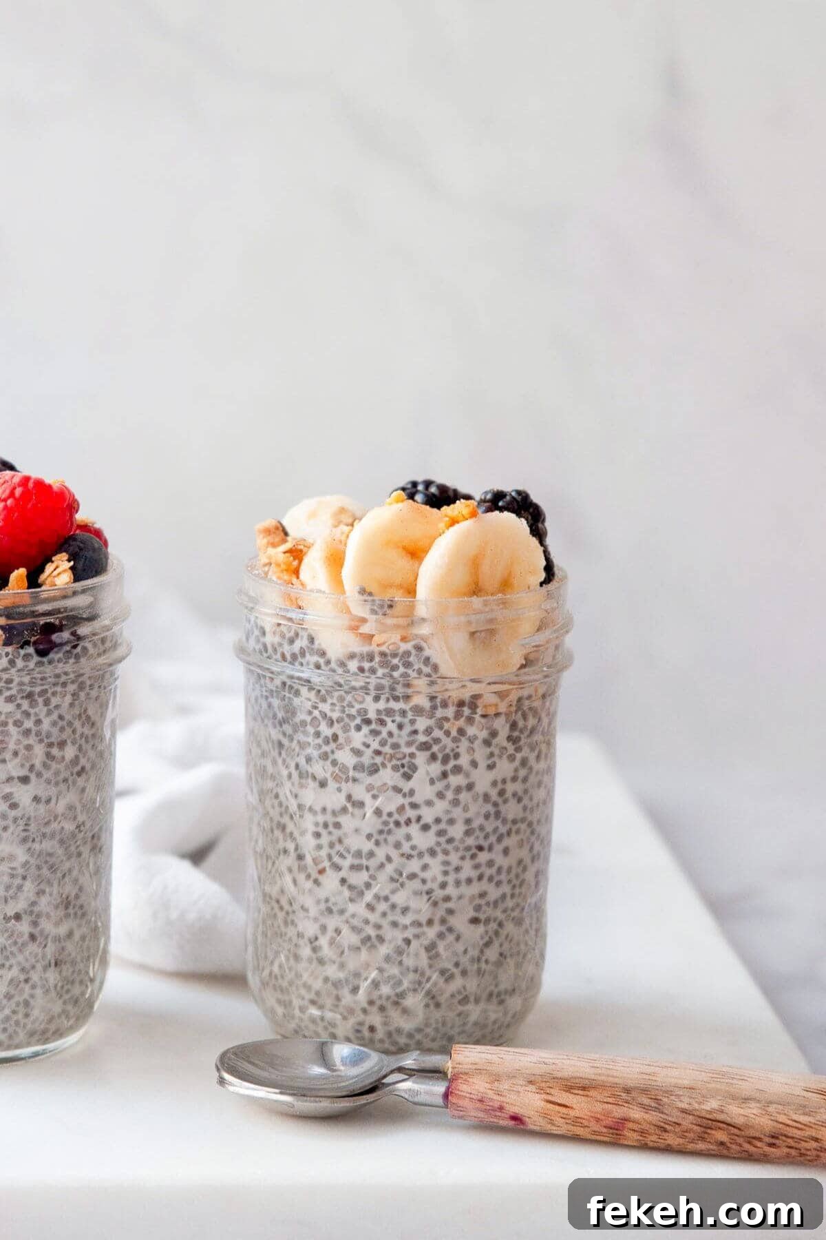 Creamy Banana Chia Pudding with Vanilla and Maple 5 Banana chia seed pudding after soaking overnight with bananas and berries on top.