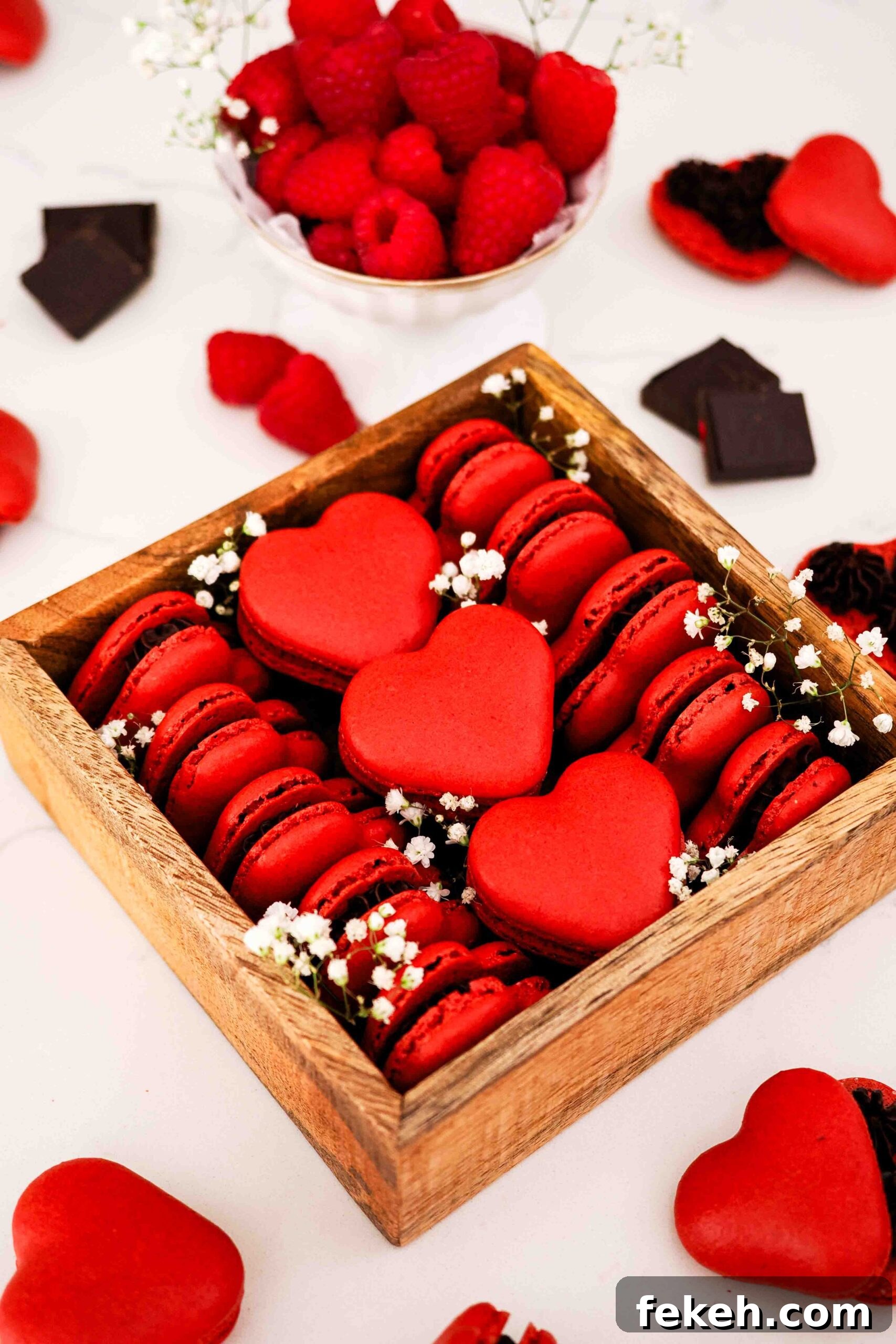 A wooden box is filled with red, heart-shaped macarons and decorated with baby's breath flowers.