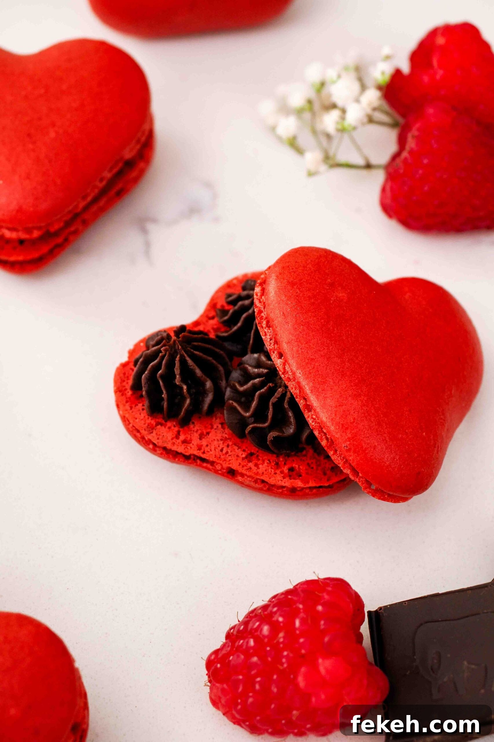 A closeup of a single chocolate raspberry macaron, half open to see the ganache inside.
