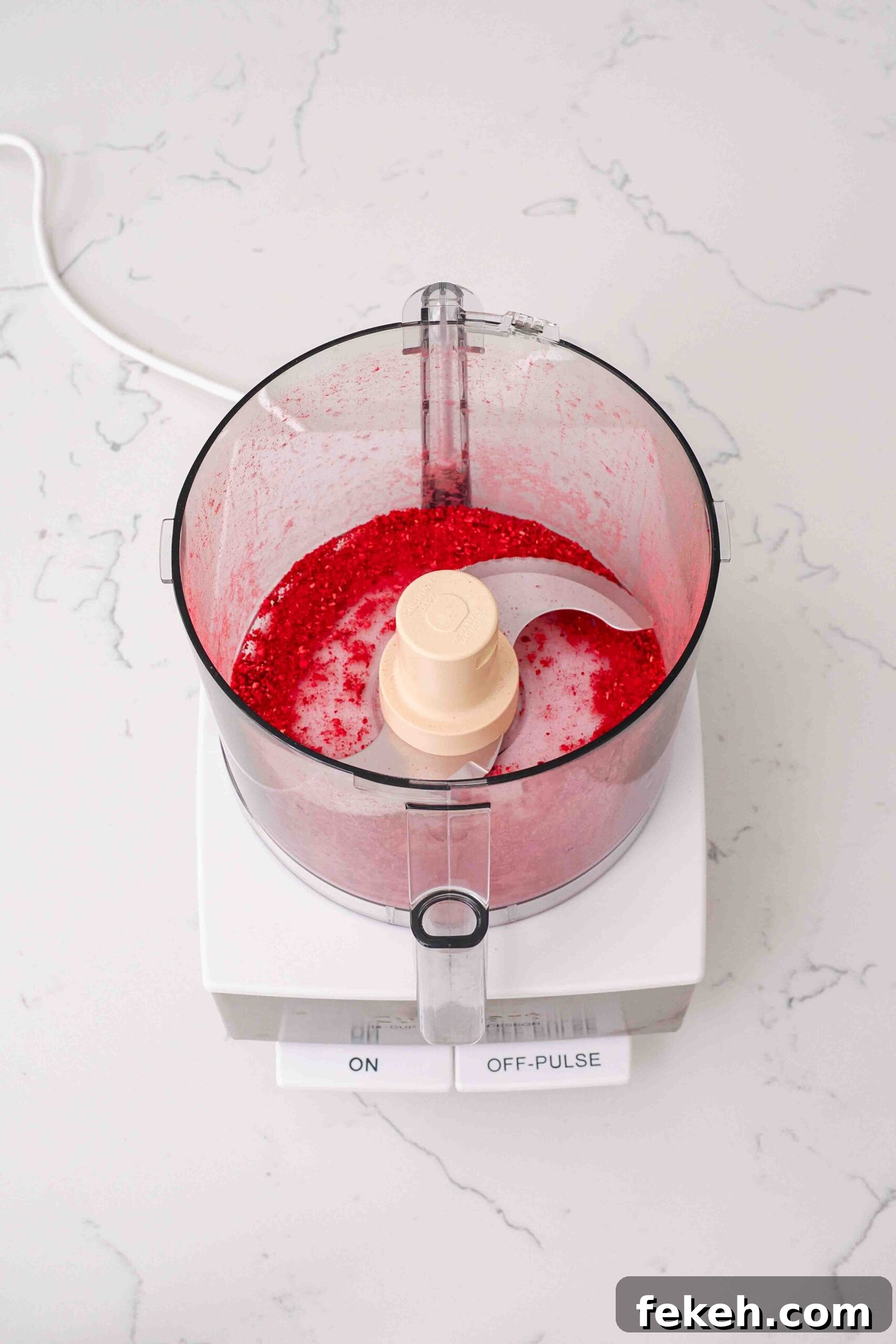 Finely ground freeze-dried raspberries in a food processor bowl.