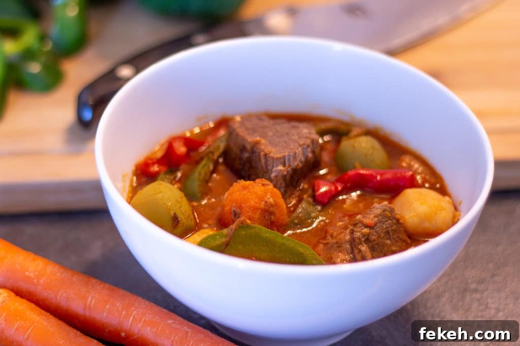 Instant Pot Beef Kaldereta in a bowl on a counter with carrots