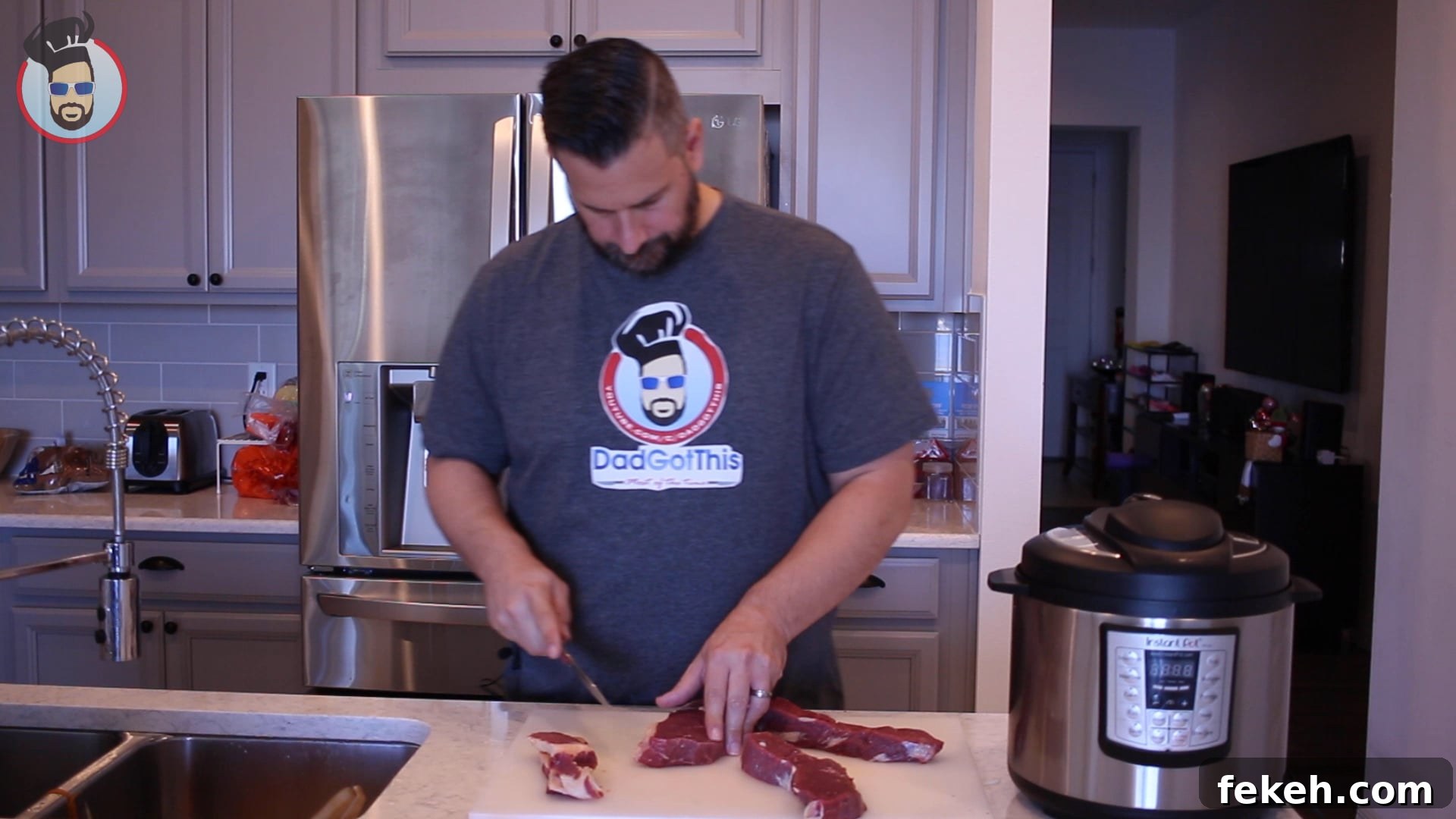cutting bottom round roast into chunks for beef kaldereta