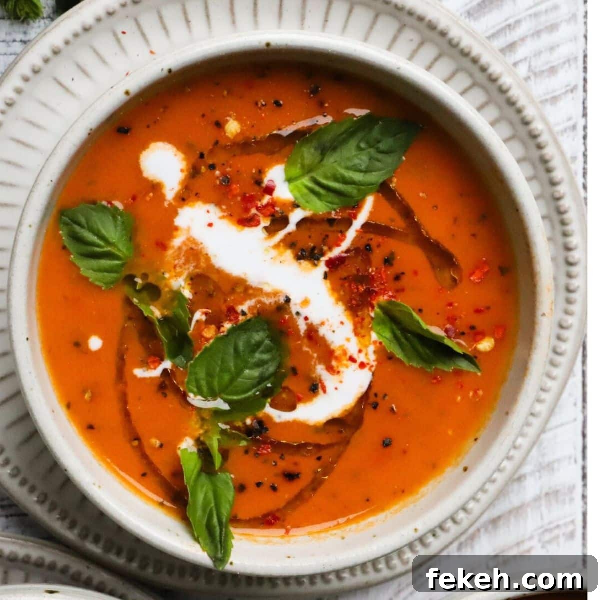 Creamy Vegan Roasted Tomato and Basil Soup Recipe 3 A bowl of roasted tomato basil soup with cream and fresh basil garnish.