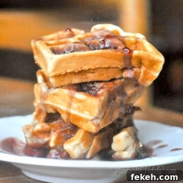 peanut butter waffles covered in jelly syrup.