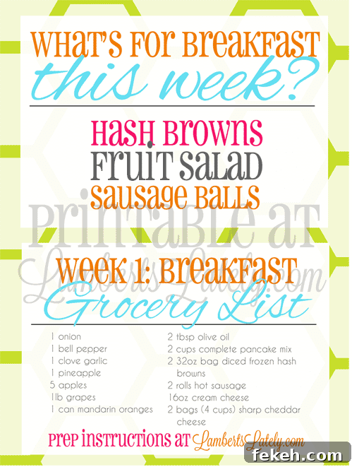 6-Week Breakfast Prep Plan with Weekly Menus & Printables 5 screenshot of what's for breakfast this week and grocery list for week 1.
