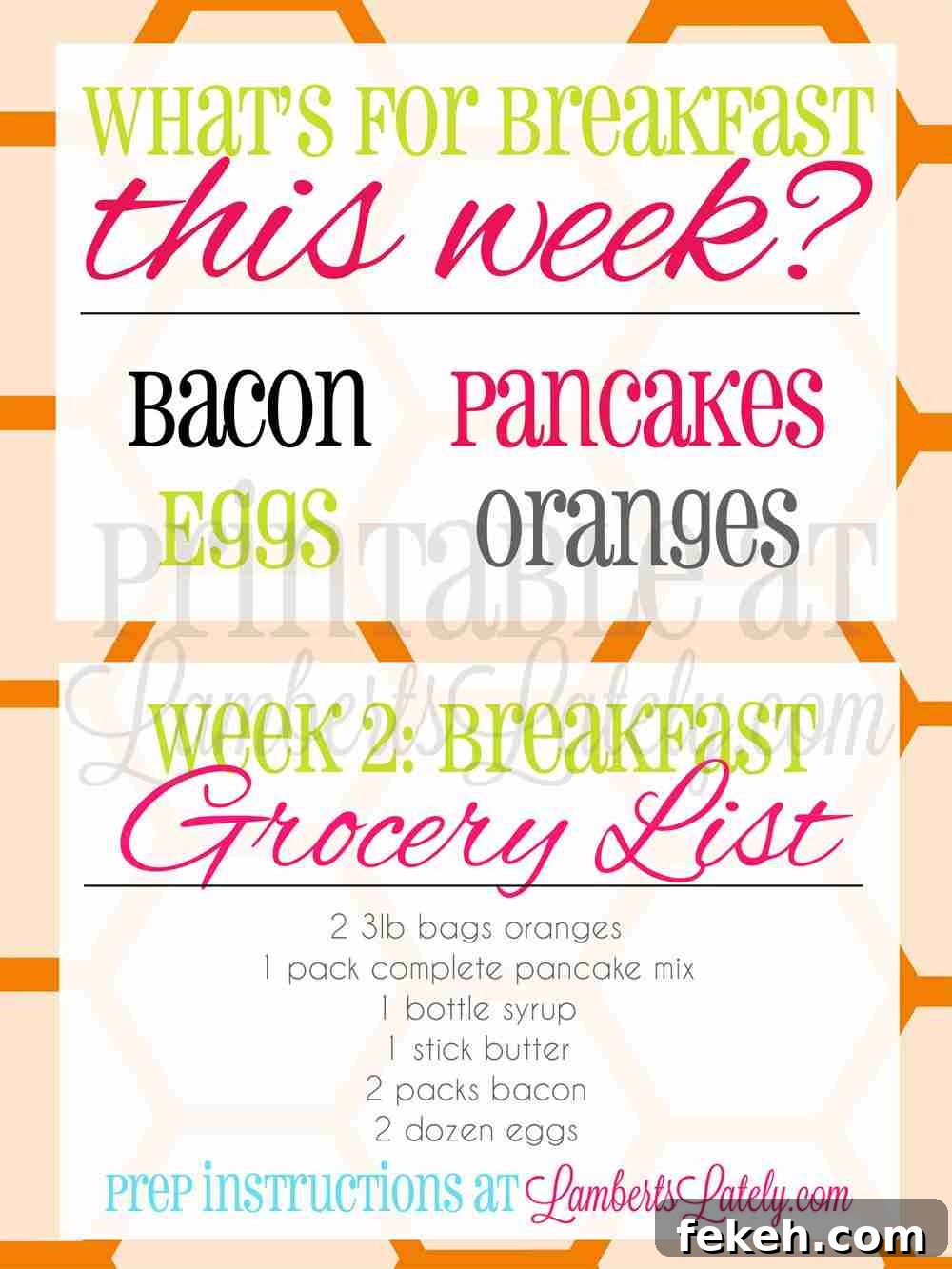 6-Week Breakfast Prep Plan with Weekly Menus & Printables 6 screenshot of what's for breakfast this week and grocery list for week 2.