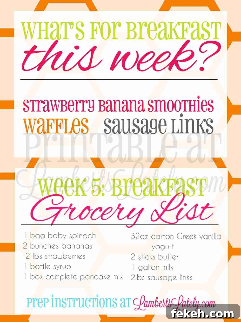 6-Week Breakfast Prep Plan with Weekly Menus & Printables 8 screenshot of what's for breakfast this week and grocery list for week 5.