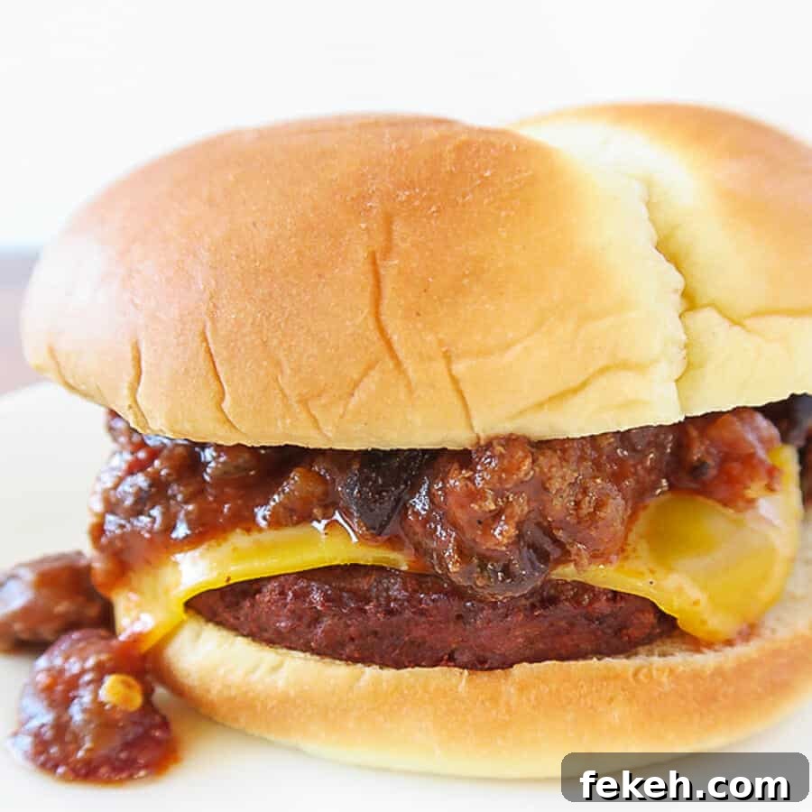 Slow-Cooker Three-Meat, Three-Bean Chili Recipe 5 using The Best Slow-Cooker Chili on a chili cheese burger