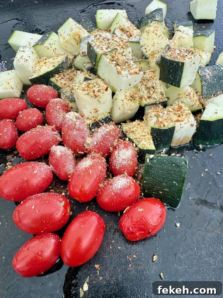 Blackstone Garlic Ranch Zucchini with Roasted Tomatoes 6 Blackstone Garlic Ranch Zucchini and Tomatoes before cooking