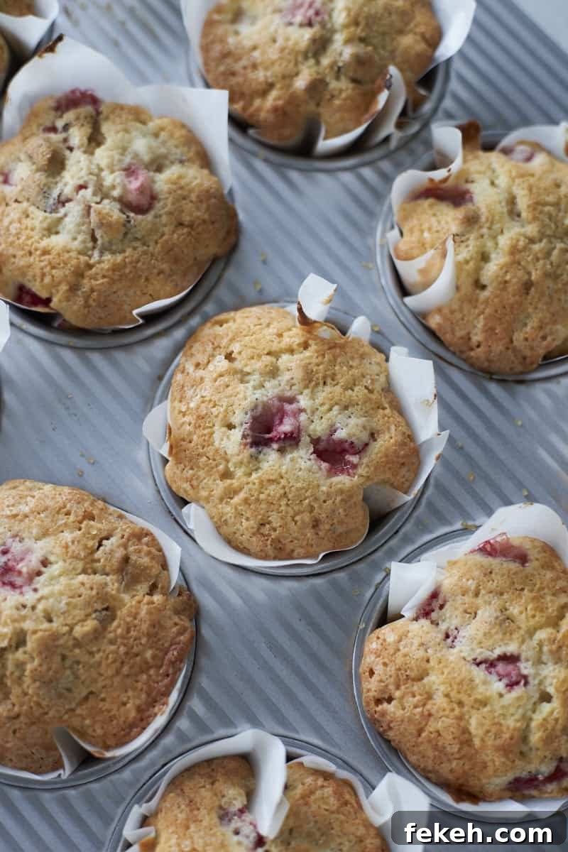 Strawberry Almond Muffins Recipe with Crispy Streusel Topping 11 Muffins baked in a muffin tin.