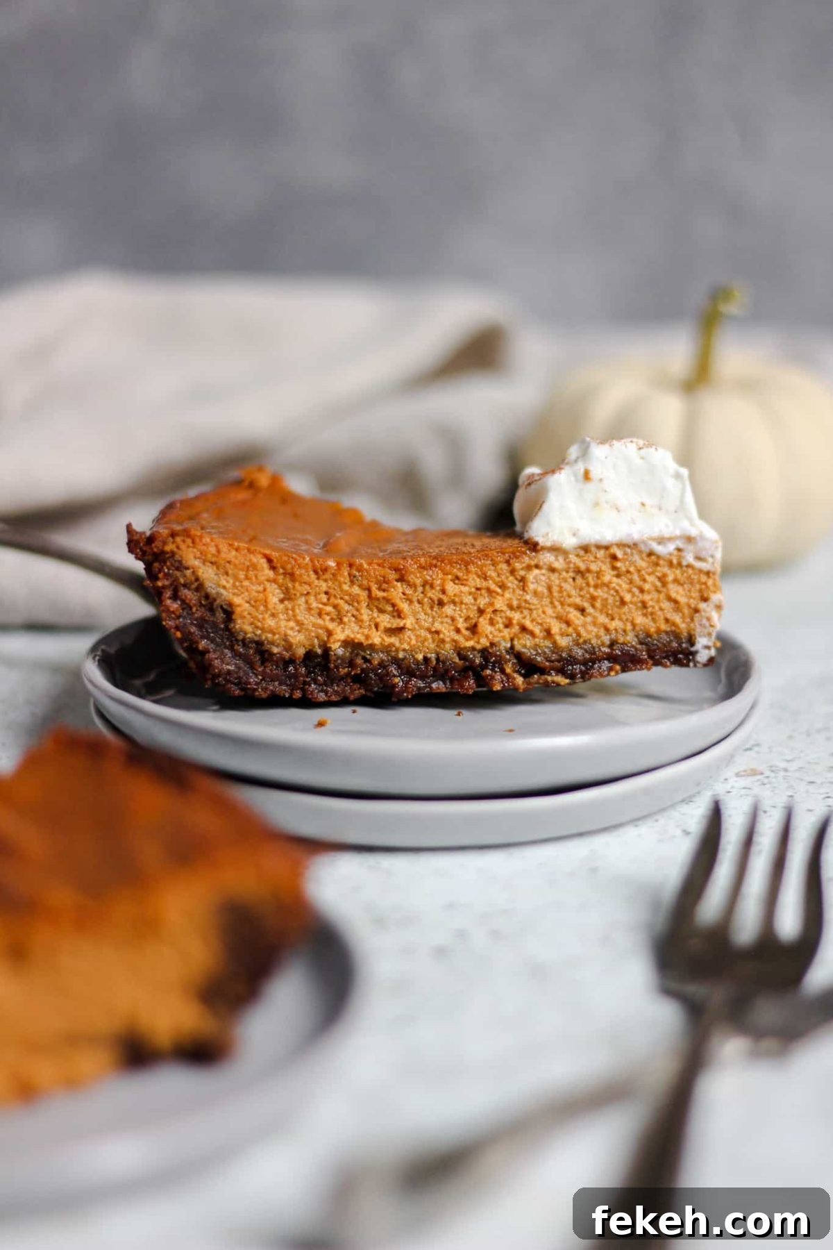 side view of a slice of pumpkin pie with a dark cookie crust and whipped cream