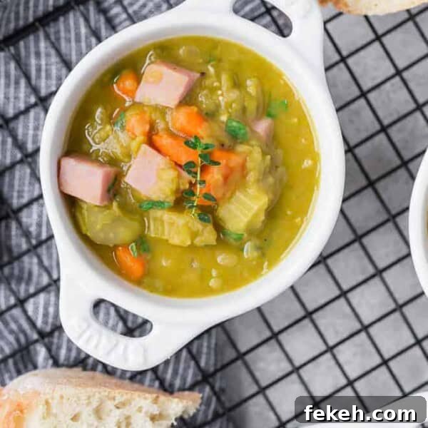 Instant Pot Black Bean Soup with Soaked or Dry Beans 14 Image of split pea soup recipe with ham, carrots, and thyme.