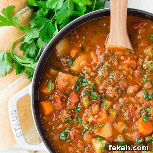 Instant Pot Black Bean Soup with Soaked or Dry Beans 15 Overhead view of hamburger soup with potatoes, tomatoes, and vegetables.