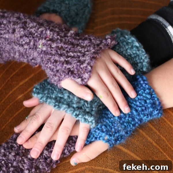 Loom-Knit Fingerless Gloves Tutorial for Homemade Knitting Loom 4 kids hands stacked wearing loom knit fingerless gloves