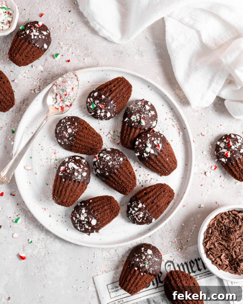 Chocolate Peppermint Madeleines Recipe for Festive Cookies 4 Chocolate peppermint madeleines dipped in chocolate and sprinkled with candy canes