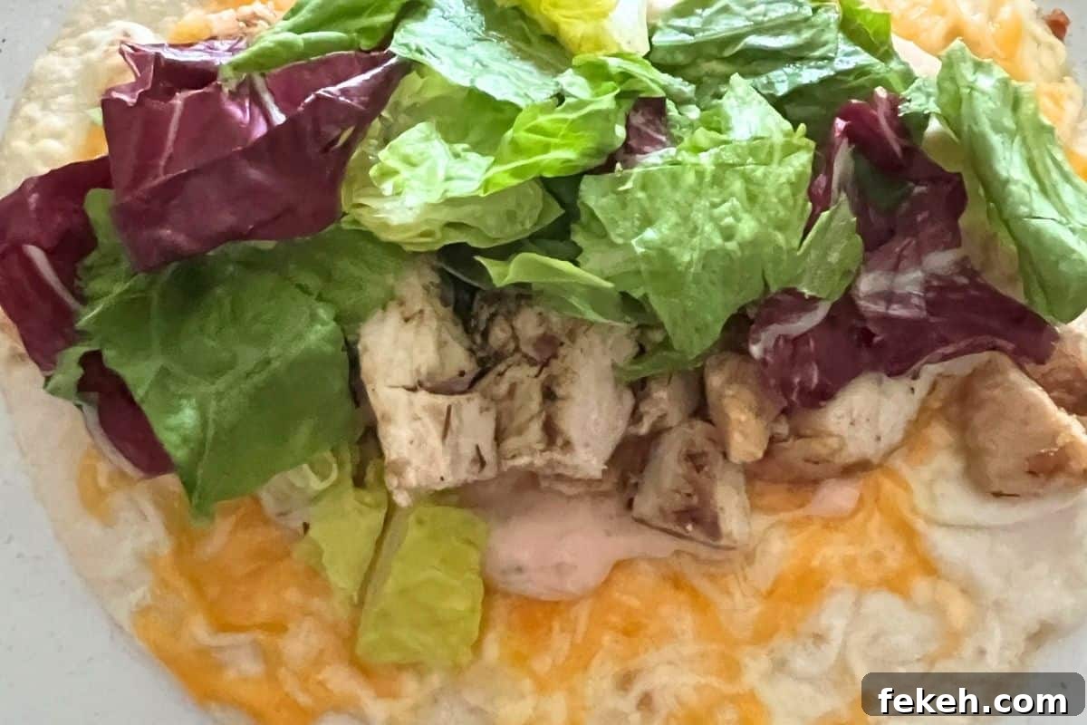 Applebee's Chicken Fajita Roll-Up Copycat Recipe 6 Lettuce, chicken, and sauce on top of a cheesy tortilla.