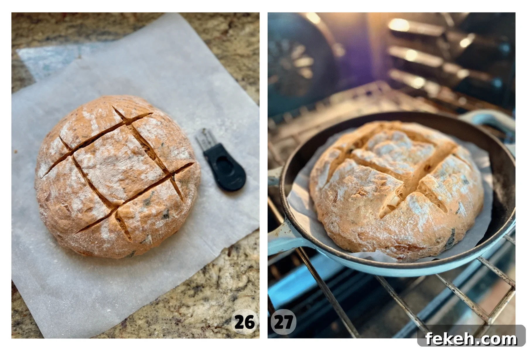 Sourdough Pizza Bread Recipe for Crispy, Flavorful Crust 15 Two pictures show a loaf of bread that has been scored and is placed in the oven to bake.