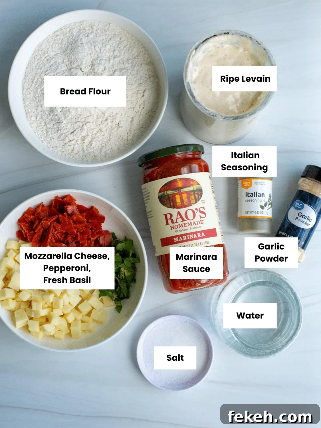 Sourdough Pizza Bread Recipe for Crispy, Flavorful Crust 3 Ingredients for pizza sourdough labeled on a table.