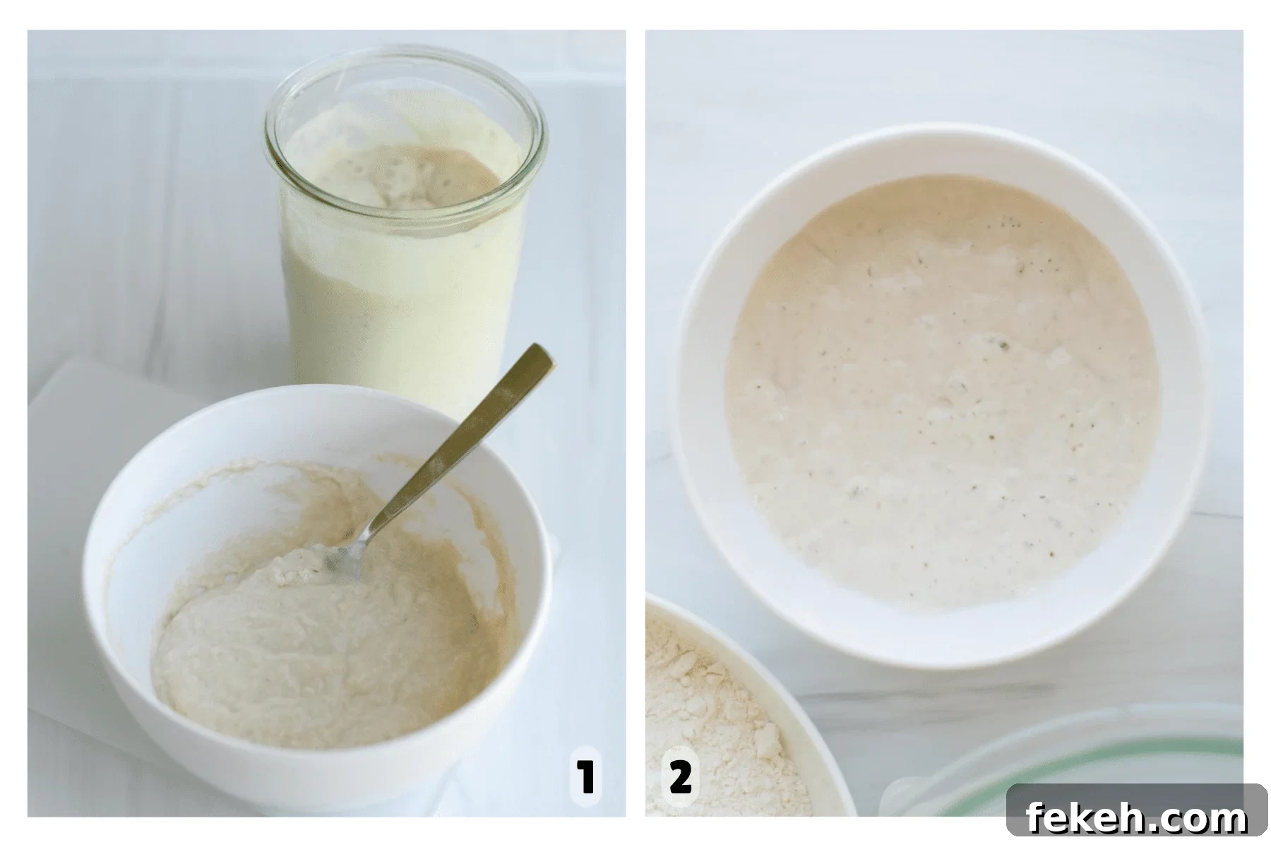 Sourdough Pizza Bread Recipe for Crispy, Flavorful Crust 5 Side-by-side images showing the sourdough starter process: Image 1 features a thick, just-mixed starter in a white bowl with a spoon and a jar of active starter in the background; Image 2 shows a bubbly, active starter in a white bowl, ready to use.