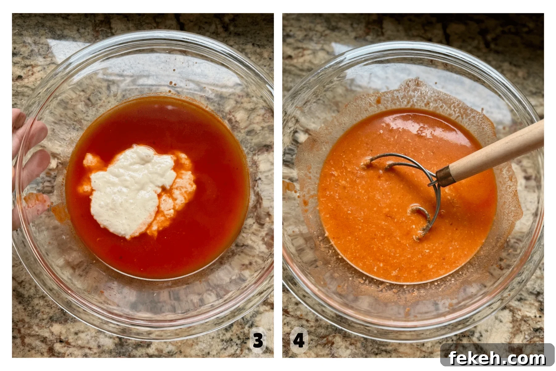 Sourdough Pizza Bread Recipe for Crispy, Flavorful Crust 6 A mixing bowl contains levain, marinara sauce, and water that are combined with a dough whisk.