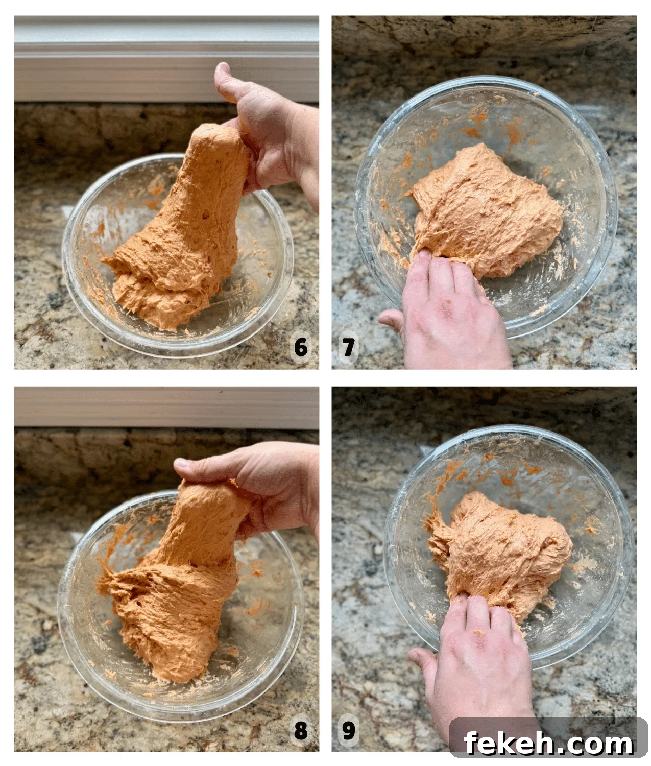 Sourdough Pizza Bread Recipe for Crispy, Flavorful Crust 8 Hands grab and pull then fold dough over onto itself in a mixing bowl.