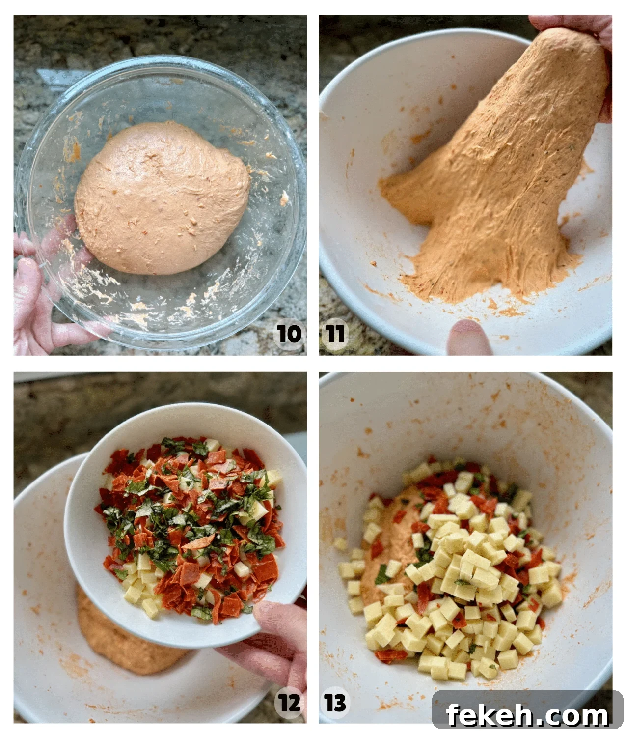 Sourdough Pizza Bread Recipe for Crispy, Flavorful Crust 9 Four pictures show dough resting in a bowl, hands stretching that dough, and then chopped mozzarella, basil, and pepperoni being added to the top of the dough.