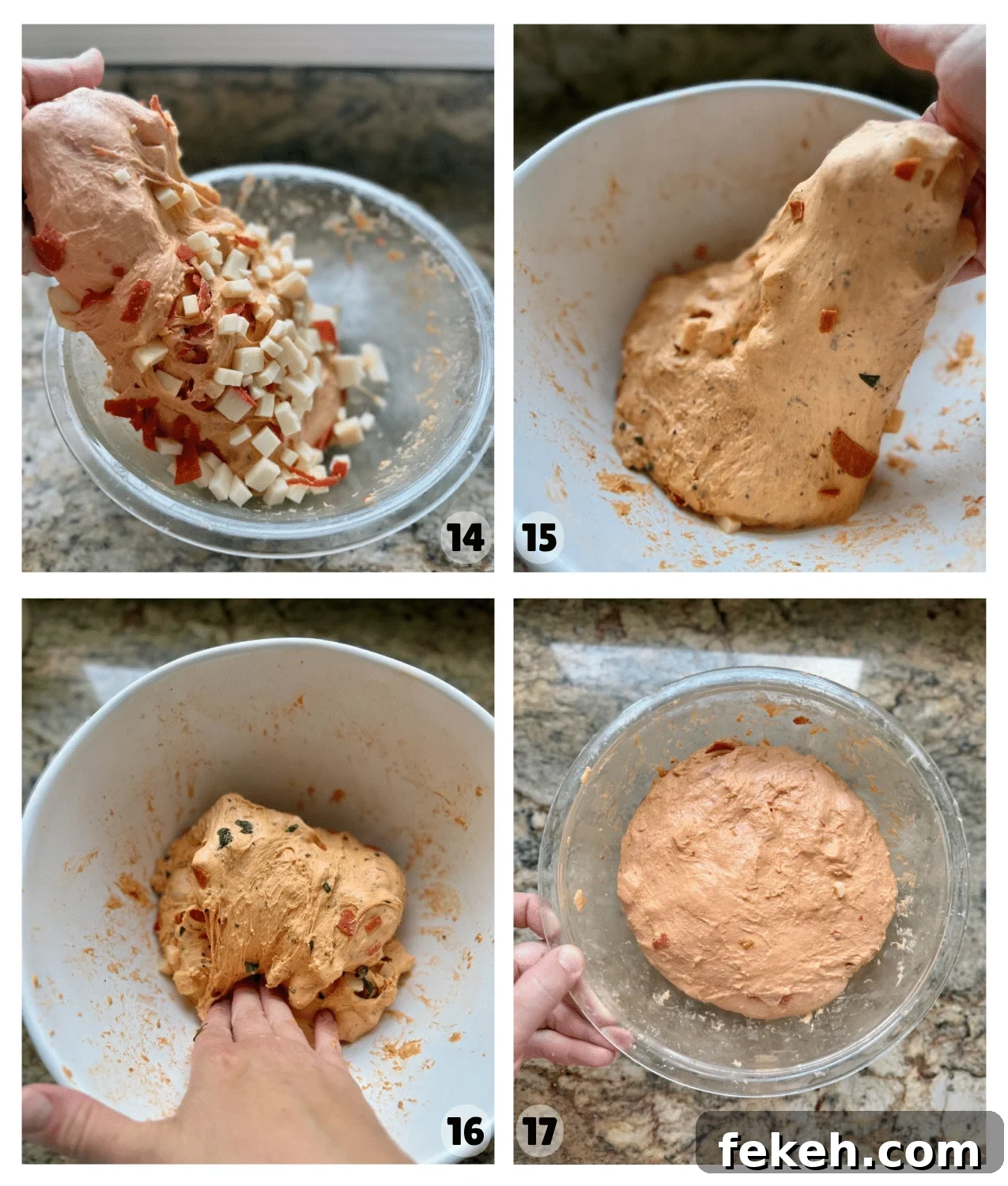 Sourdough Pizza Bread Recipe for Crispy, Flavorful Crust 10 Four pictures show mozzarella, basil, and pepperoni becoming incorporated in the dough as it is stretched and folded.