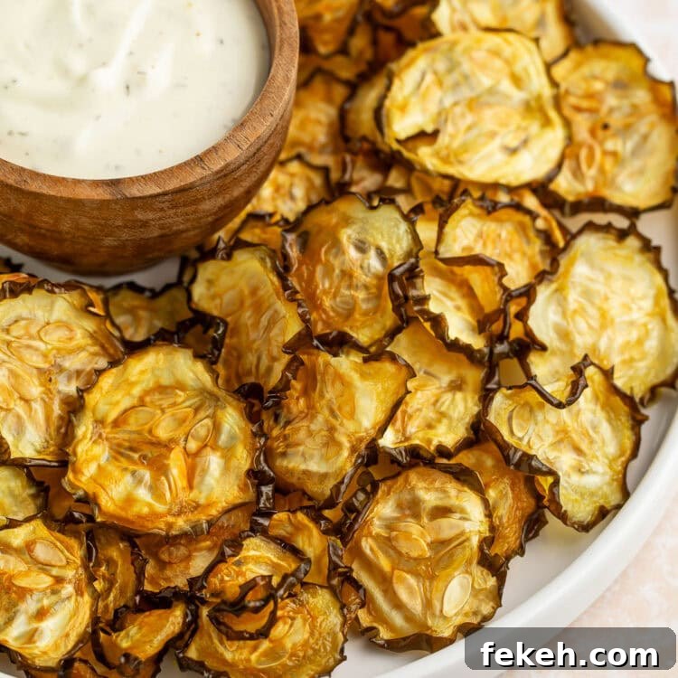 Crispy Baked Cucumber Chips Recipe for Low-Carb Snacking 4 Crispy cucumber chips arranged around a bowl of ranch dressing on a large rimmed plate.