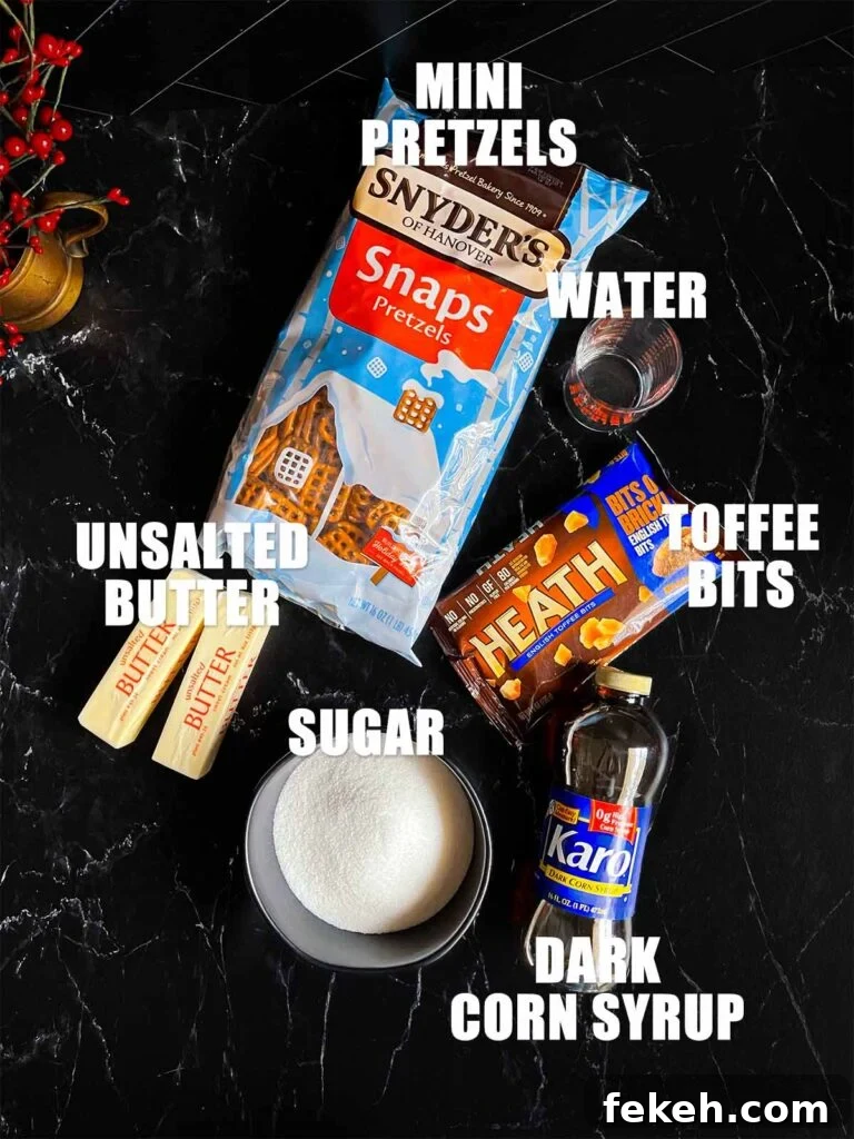 Crunchy Butter Toffee Pretzel Recipe — Sweet & Salty Treat 3 Toffee pretzel recipe ingredients on a dark surface.