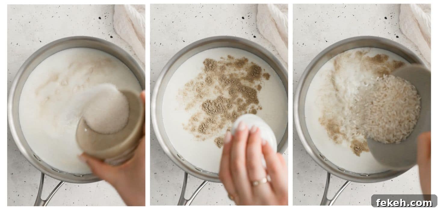 Three steps to making custard. In photo 1, a hand is pouring sugar into a pot of milk on a white counter. In photo 2, the hand is pouring spices into the milk. In photo 3, a hand is pouring rice into the milk.