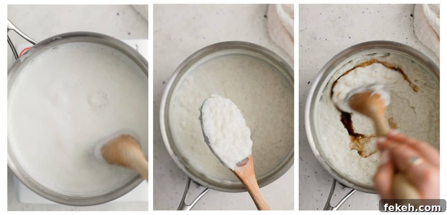 Steps to making custard; in photo 1, a hand uses a wood spoon to stir milk in a pot on a white counter. In photo 2, a hand is spooning the custard over the pot. In photo 3, the hand is mixing vanilla paste into the custard.