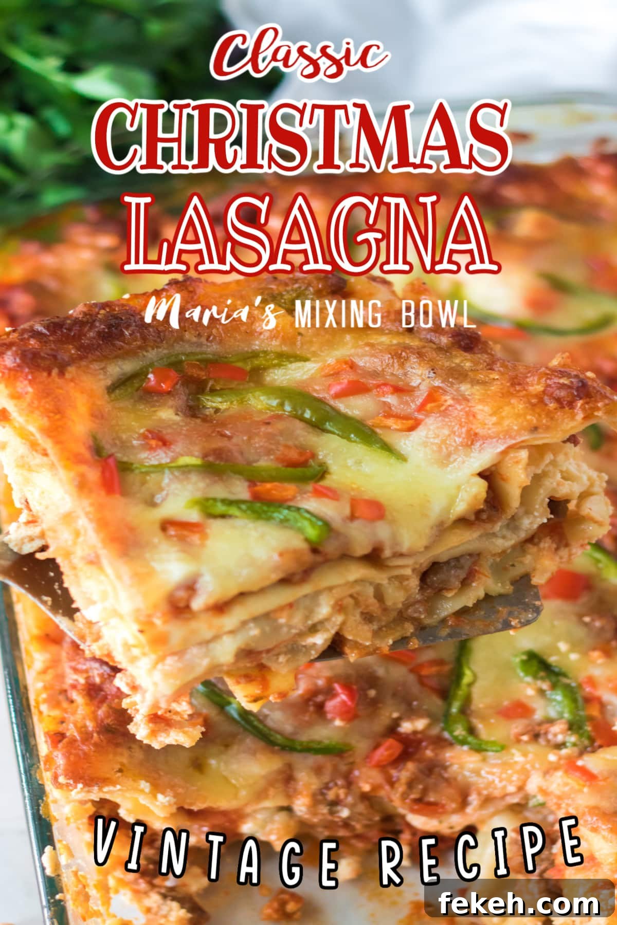 slice of christmas lasagna being held on a metal spatula in the air with the name in text for pinterest
