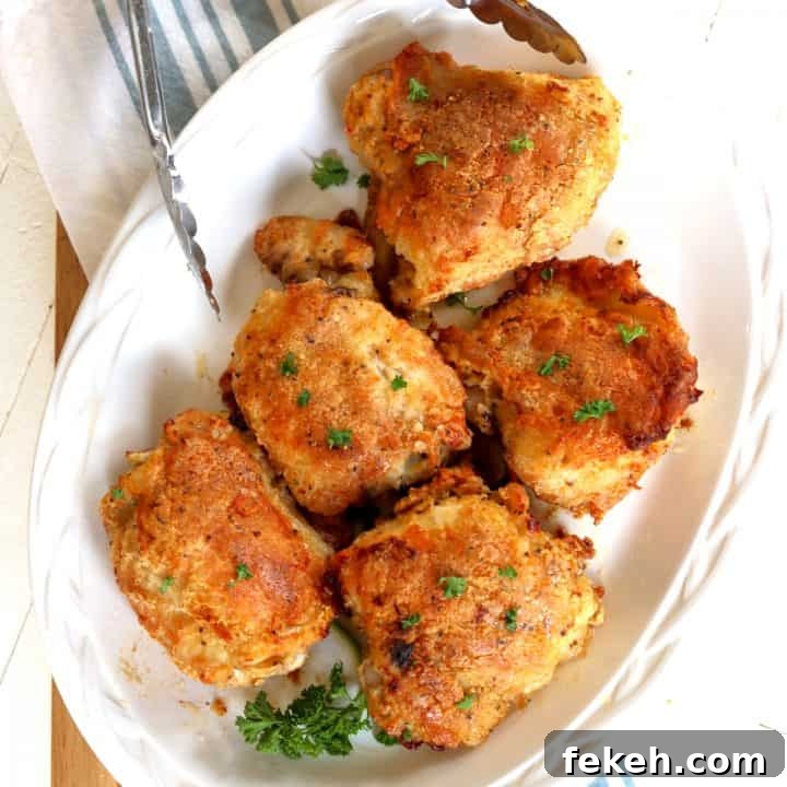 Southern-Style Oven-Baked Chicken Thighs Recipe 3 A white oval platter served with southern baked chicken thighs