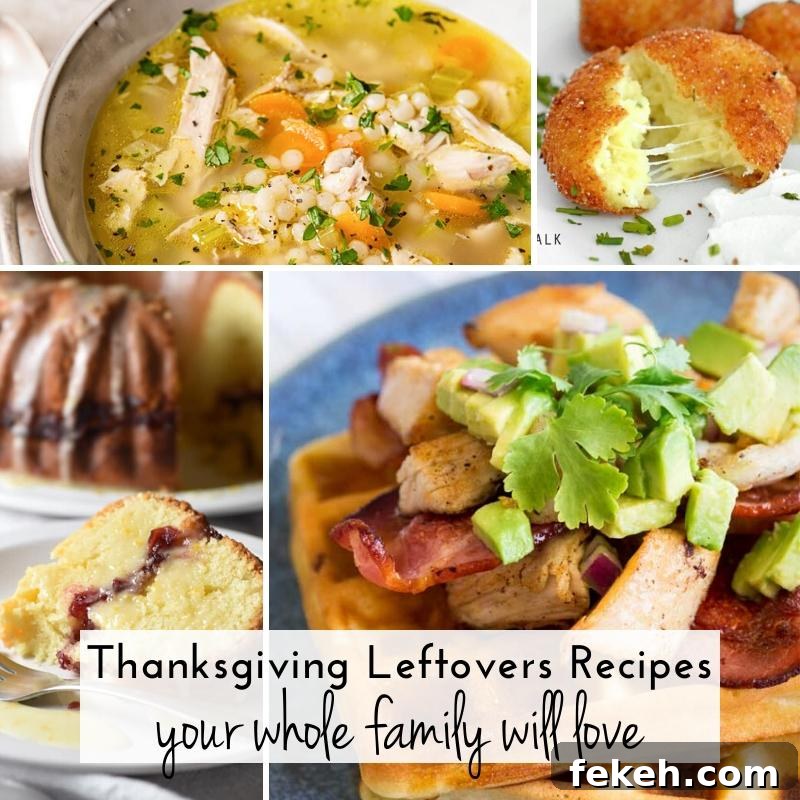 Photo collage of soup, croquettes, cake & loaded waffles made with Thanksgiving leftovers.