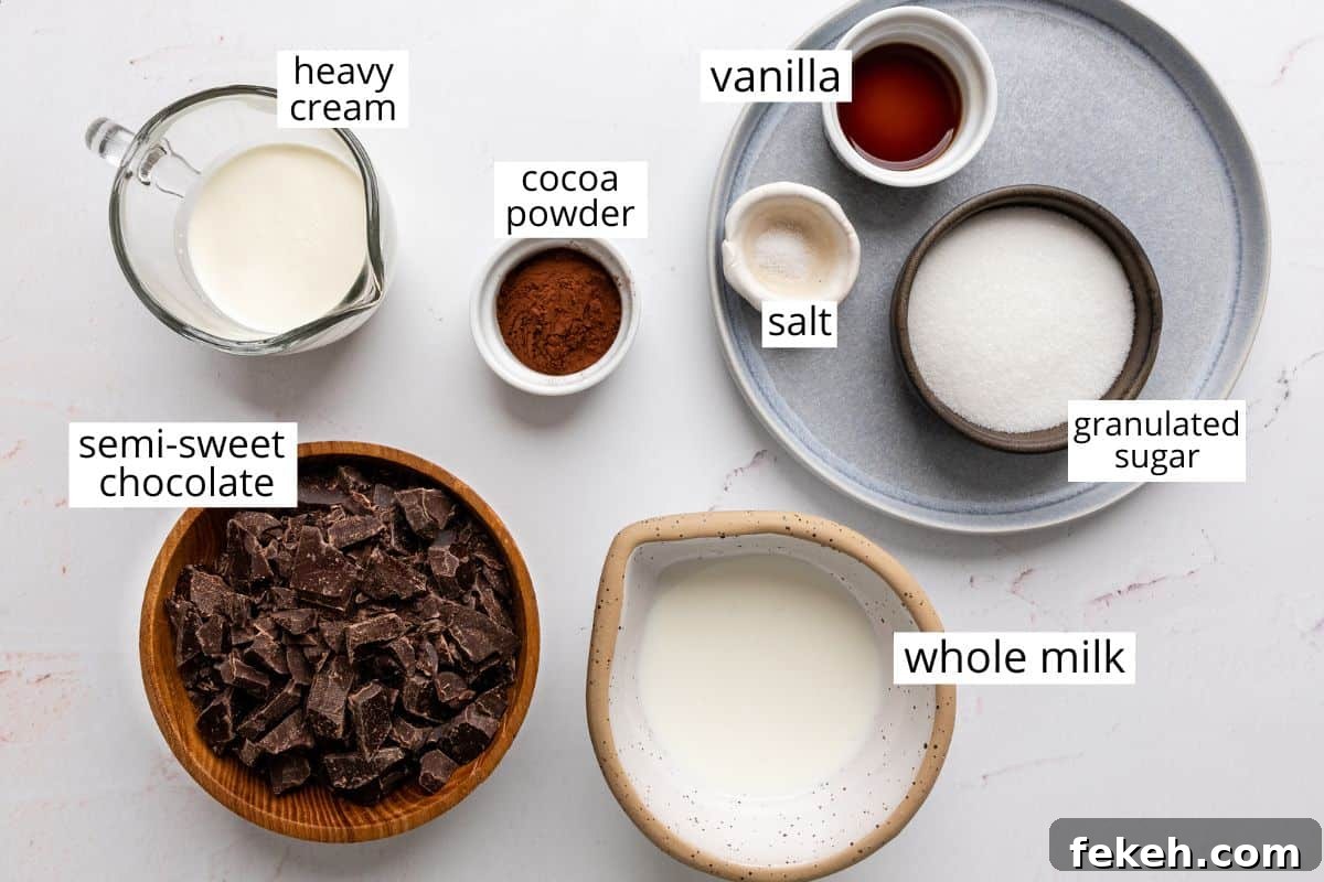 Decadent Chocolate Fondue Recipe for Dipping Fruit & Treats 4 overhead view of the ingredients in this Chocolate Fondue Recipe