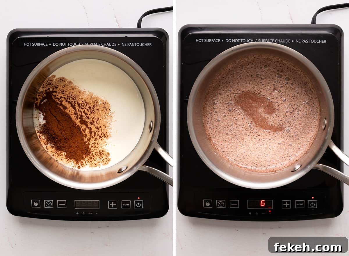 Decadent Chocolate Fondue Recipe for Dipping Fruit & Treats 6 two photos showing How to Make Chocolate Fondue in a saucepan