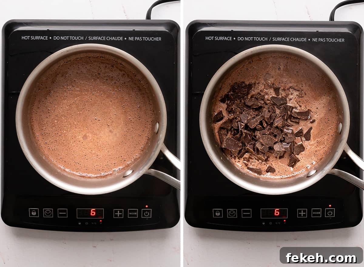 Decadent Chocolate Fondue Recipe for Dipping Fruit & Treats 7 two photos showing How to Make Chocolate Fondue in a saucepan