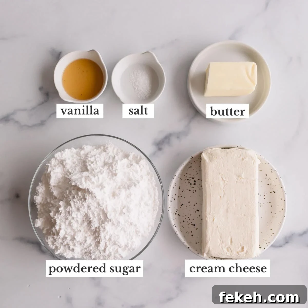 Cream Cheese Frosting Recipe: Smooth, Tangy Icing for Cakes and Cupcakes 3 Cream cheese frosting ingredients in individual plates.