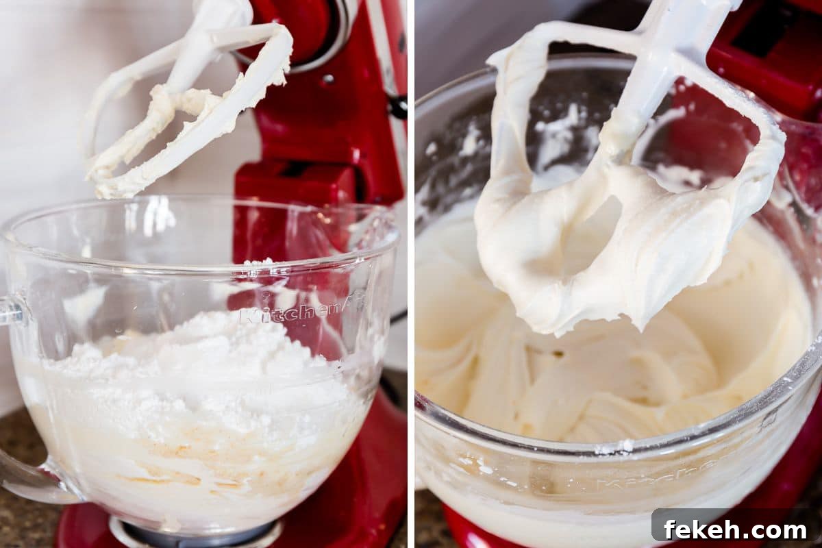 Cream Cheese Frosting Recipe: Smooth, Tangy Icing for Cakes and Cupcakes 5 Side by side images of whipping cream cheese with powdered sugar.