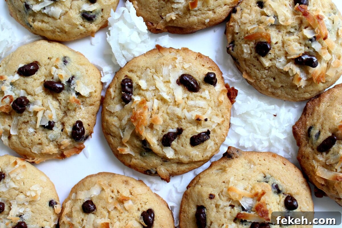 Coconut Milk Cookies are flavored with coconut milk and shredded coconut; cacao nibs add crunch. Overhead photo of Coconut Milk Cookies with shredded coconut and chocolate coated cocoa nibs on top.
