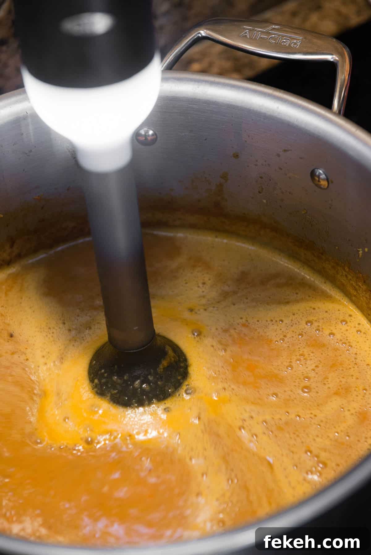 pureeing bisque with immersion blender