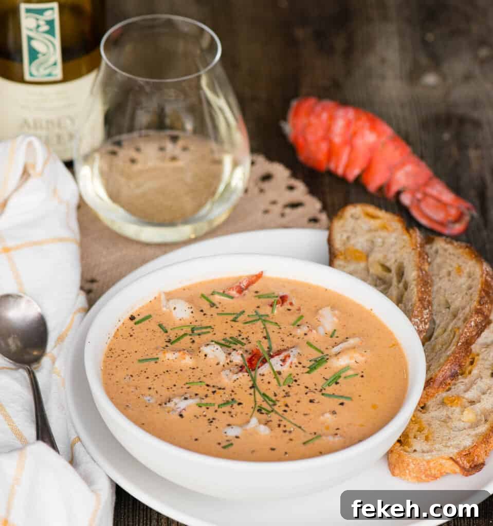 homemade lobster bisque with glass of wine and bread on side