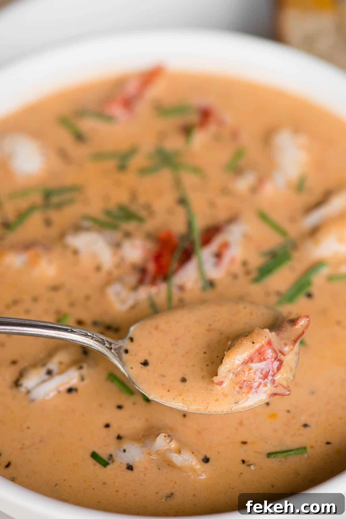 spoonful of lobster bisque with a chunk of meat