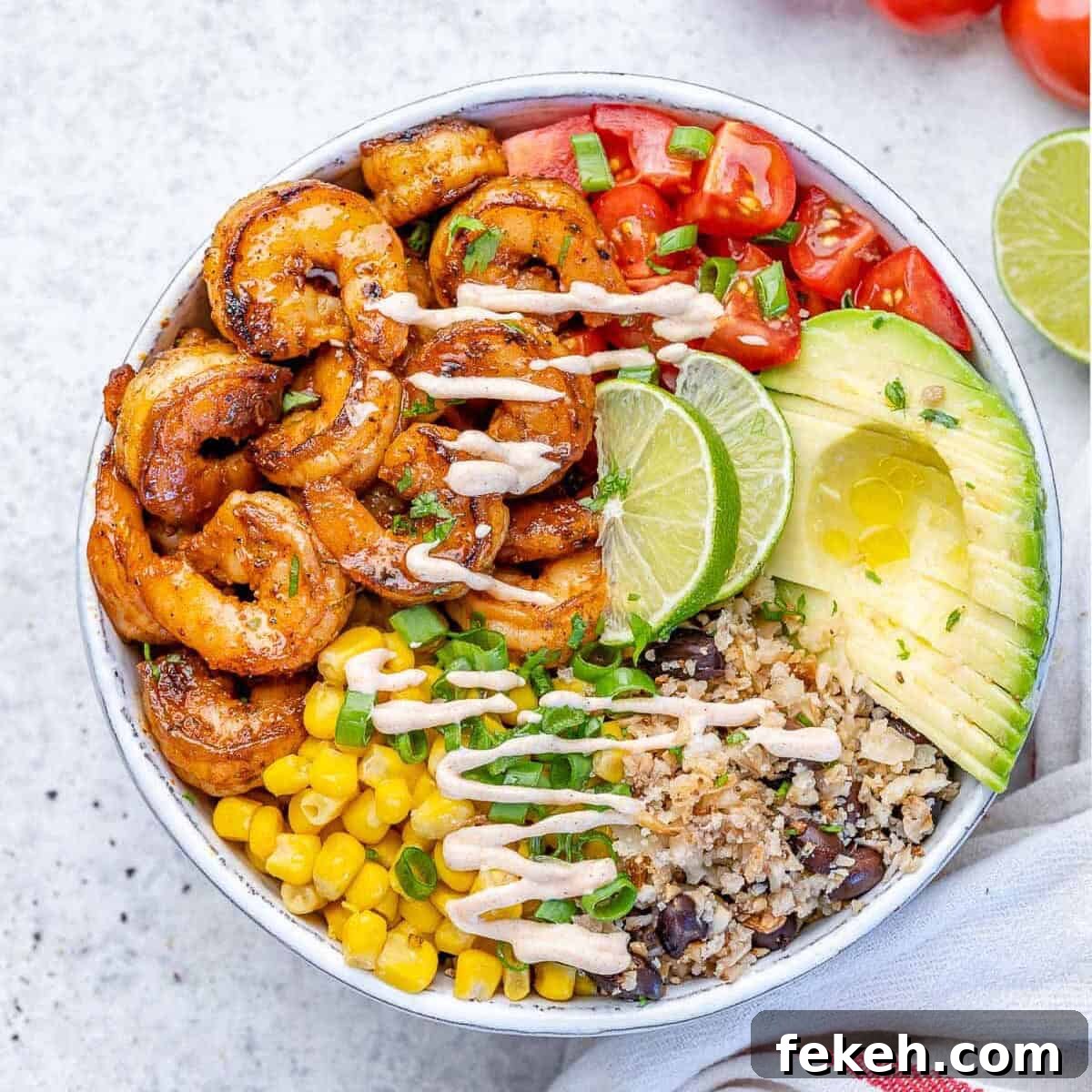 Spicy Lime Shrimp Burrito Bowl with Cilantro Rice 5 top view shrimp burrito with cauliflower rice
