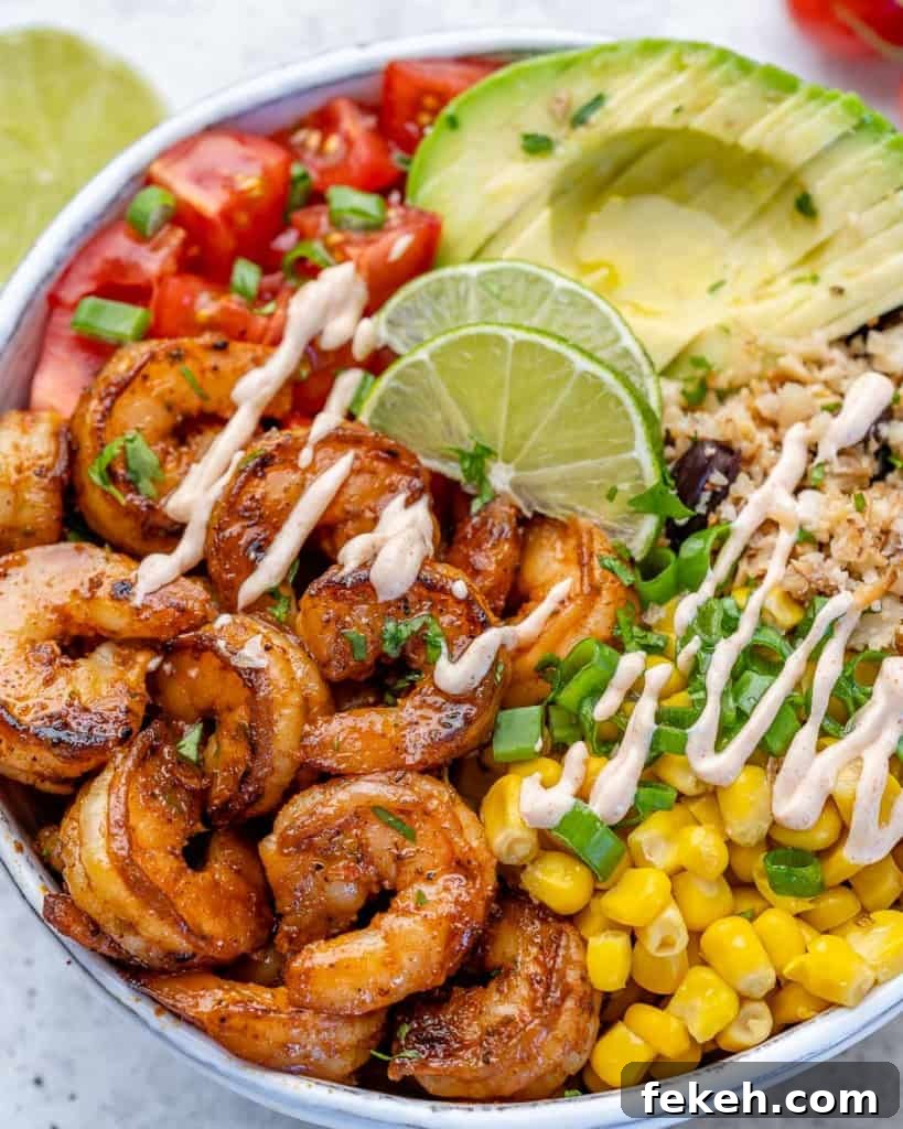 Spicy Lime Shrimp Burrito Bowl with Cilantro Rice 6 close up burrito bowl with shrimp